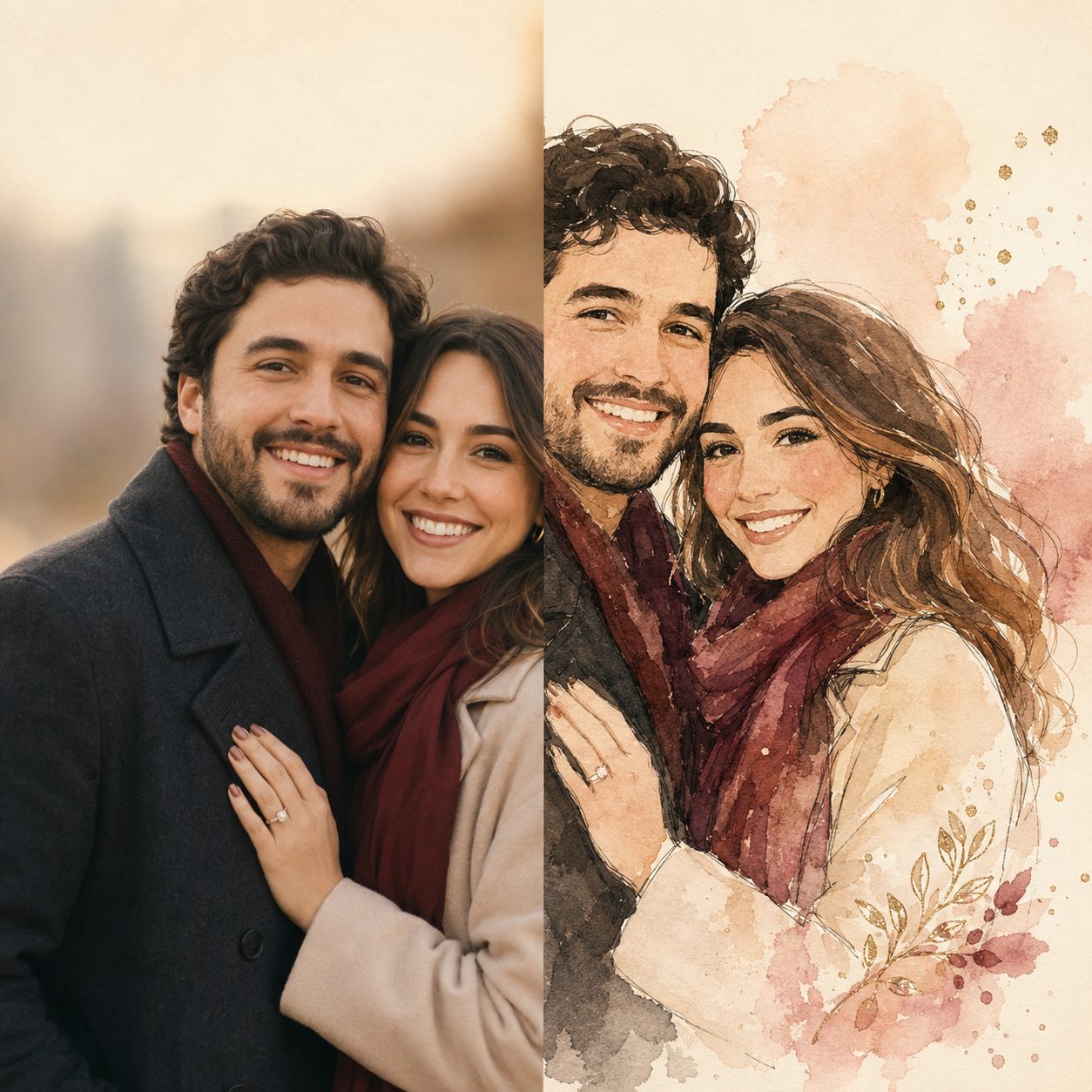 A real couple photo transformed into a watercolor book illustration