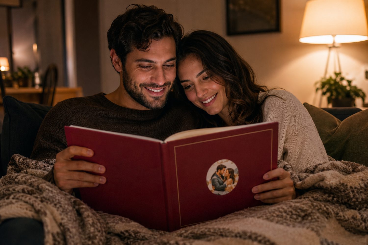A couple reading their Our Novella book together on the couch