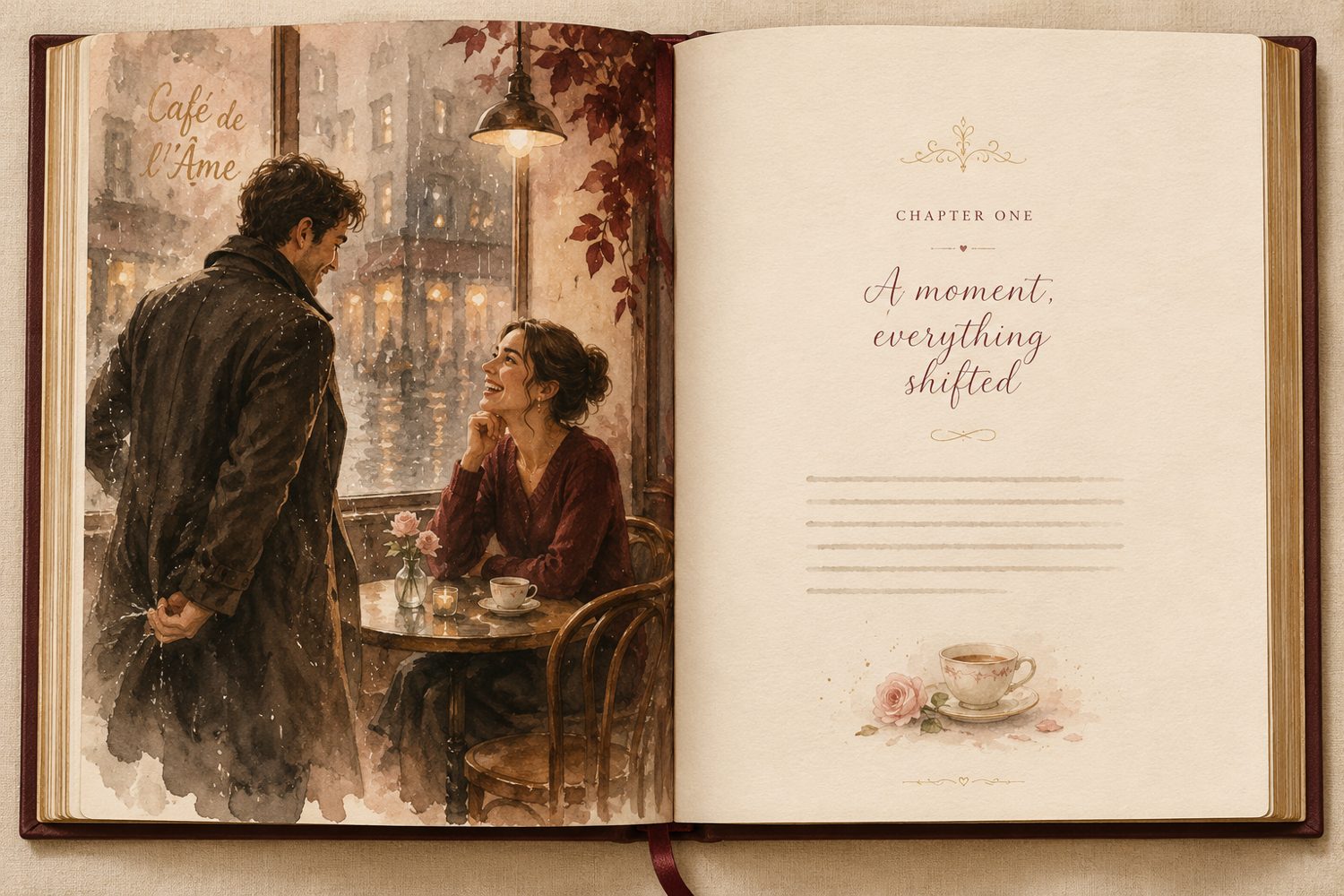 A sample two-page spread: illustration on the left, chapter text on the right